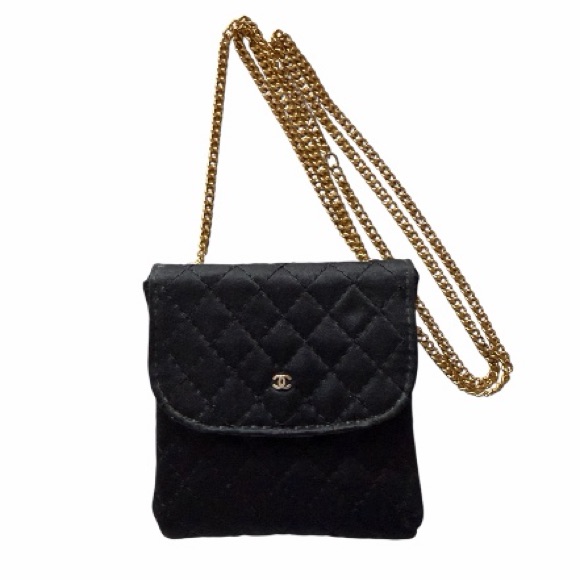 Chanel Black Quilted Satin Micro Mini Flap Bag On Gold Tone Chain - Rare Vintage